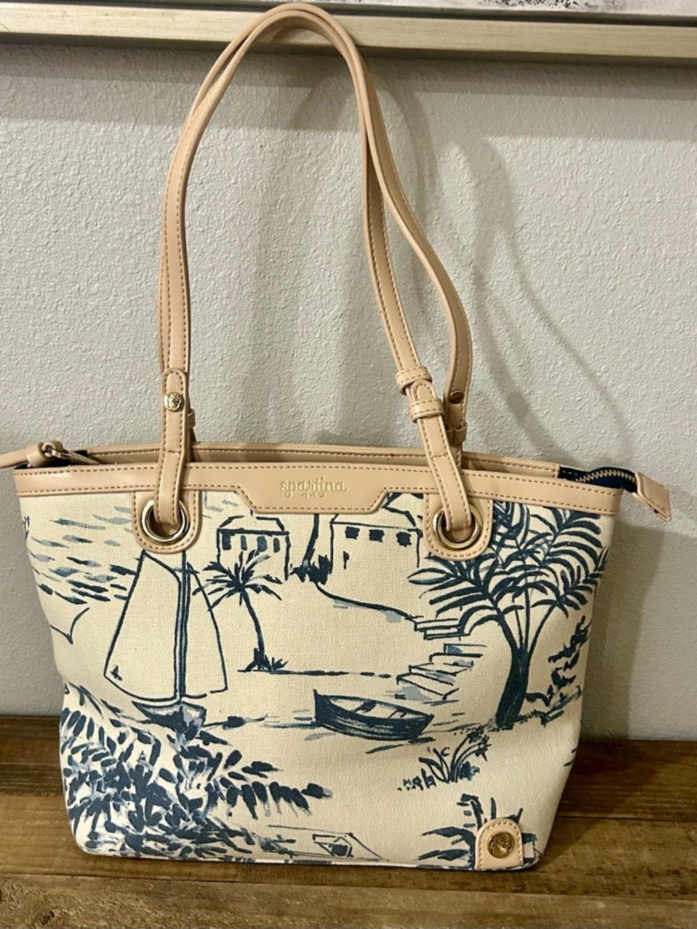 Spartina 449 Cream and Navy Coastal Canvas Tote with Leather Trim